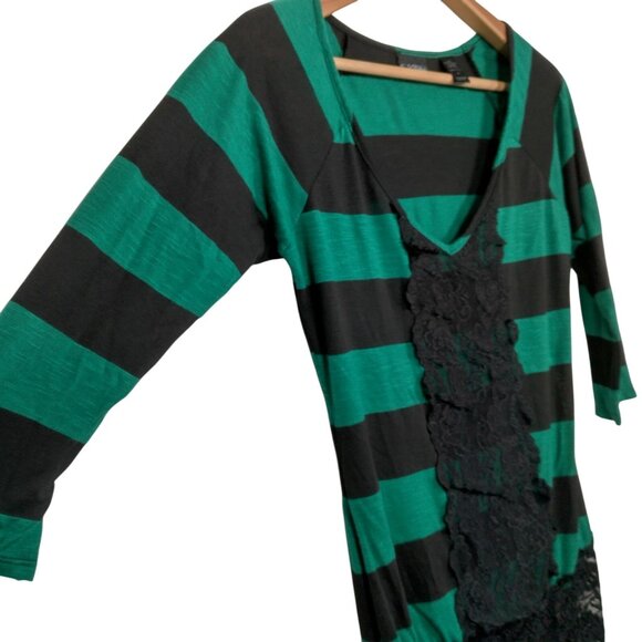 Vintage Y2K Daytrip Shirt Medium Green Black Strriped Deep V Neck Slim Lace Trim - Picture 7 of 14